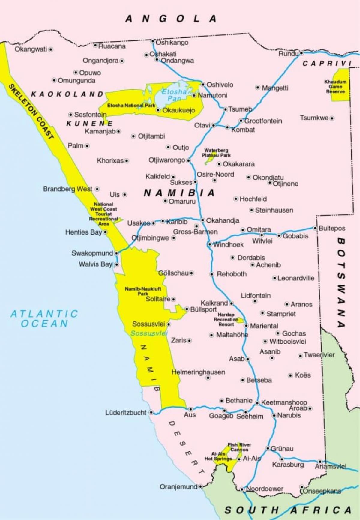 Carte de la Namibie montrant villes