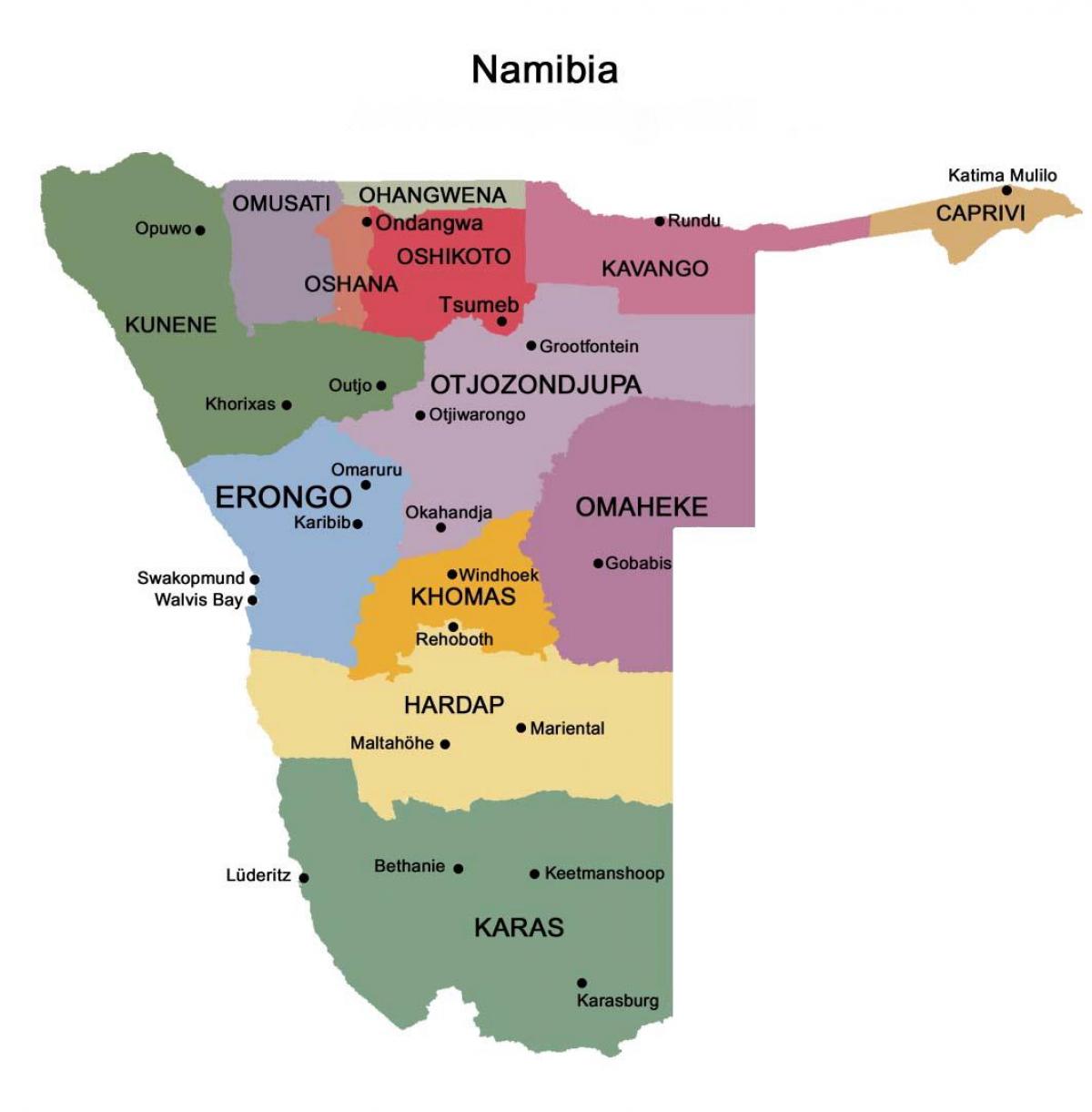 Carte de la Namibie avec les régions